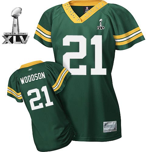 Packers #21 Charles Woodson Green Women's Field Flirt Bowl Super Bowl XLV Stitched NFL Jersey - Click Image to Close